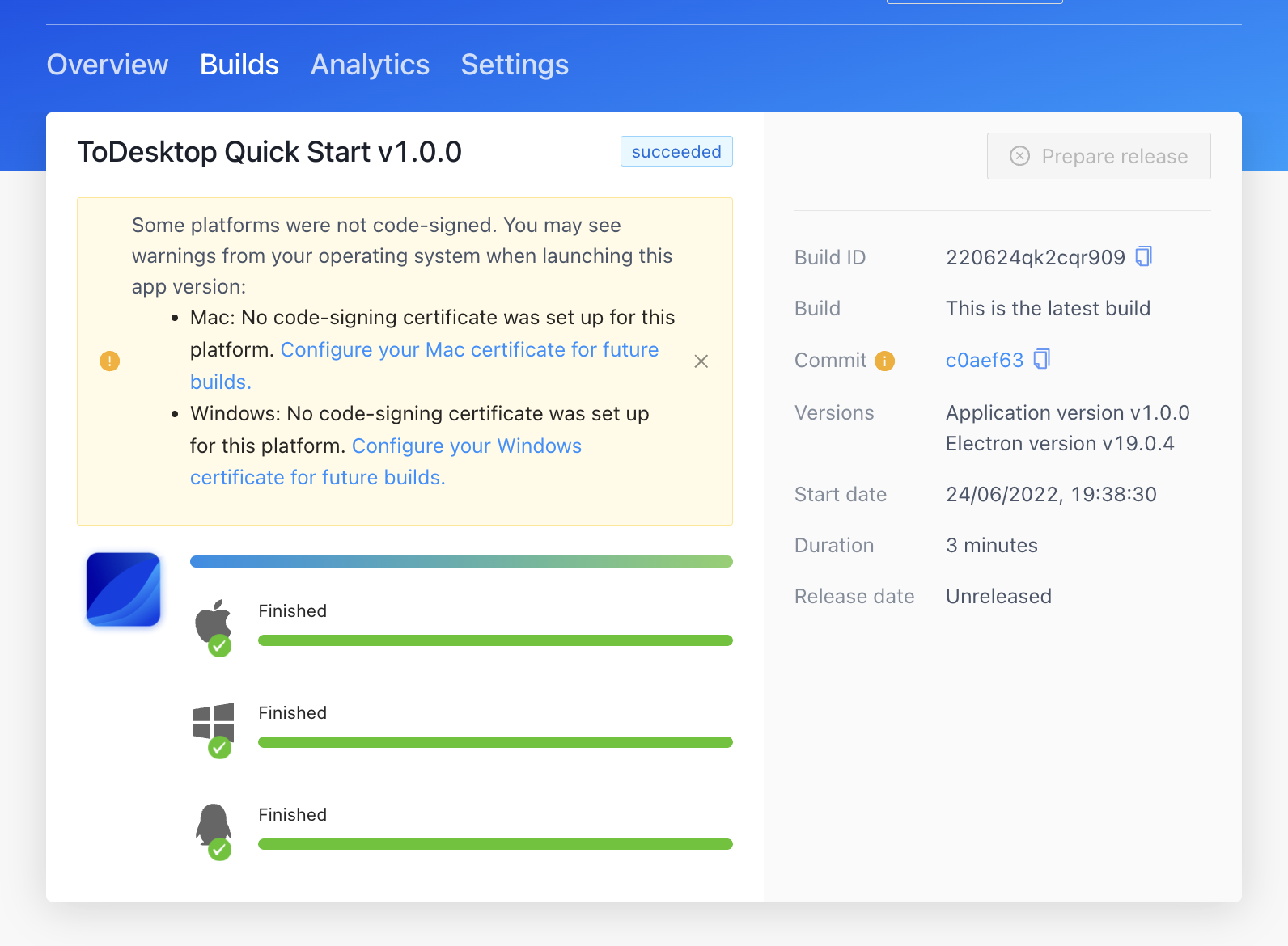 A card UI element that shows code-signing warnings for the Mac and Windows operating systems