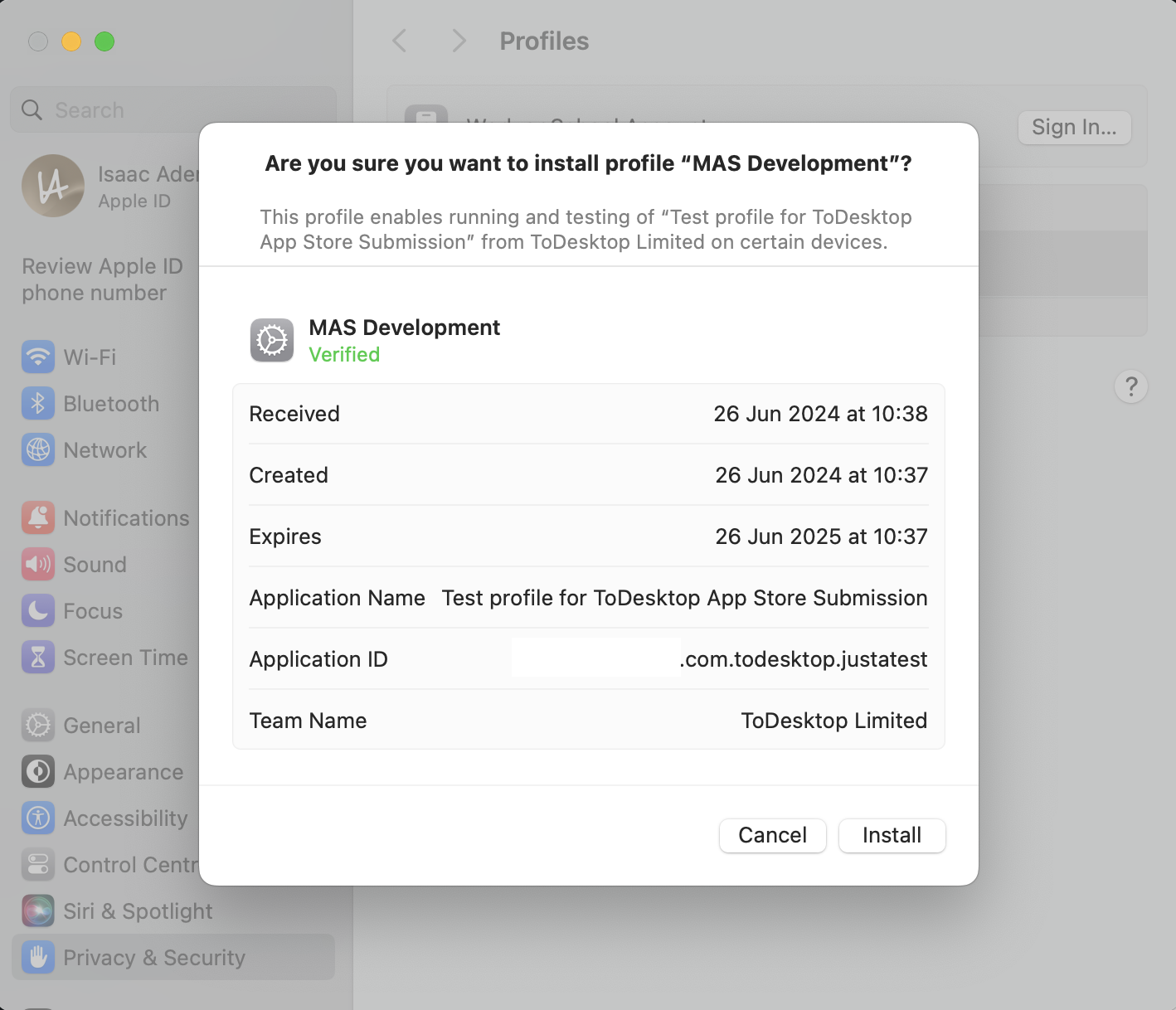 Screenshot of the modal that appears when you install a development profile.